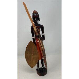 Vintage African Art Maasai Warrior With Shield Hand Carved Wood Statue Sculpture